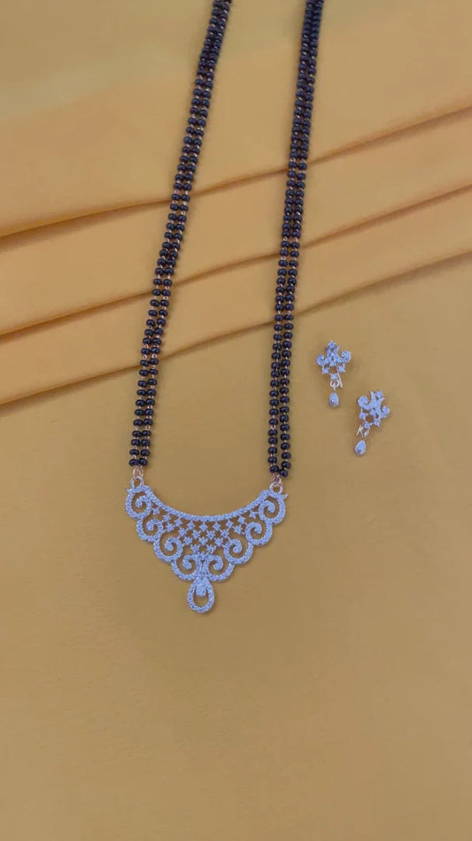 Long Gold Artificial American Diamond Mangalsutra Set Modern Simple Trendy 2 Line Black Beads Chain